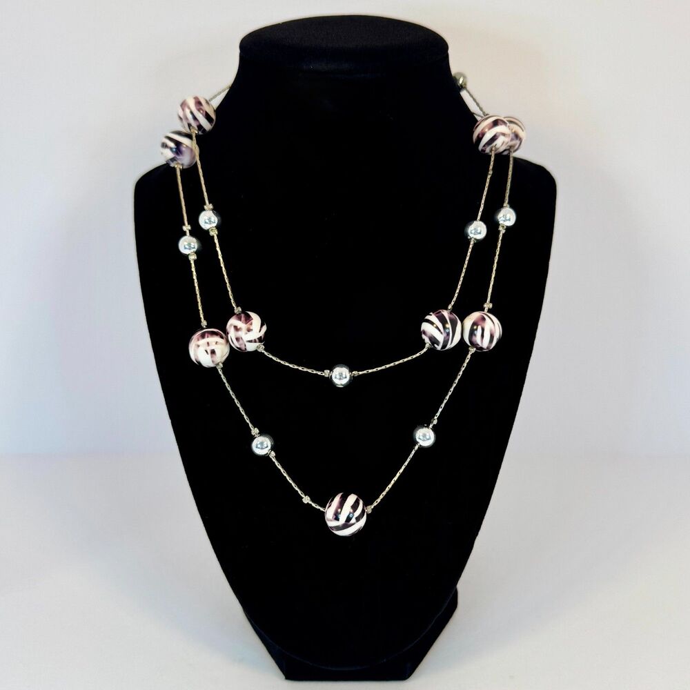Y2K Zebra Print Beaded Necklace | Bold Statement Jewelry with Silver Accents - Picture 1 of 5